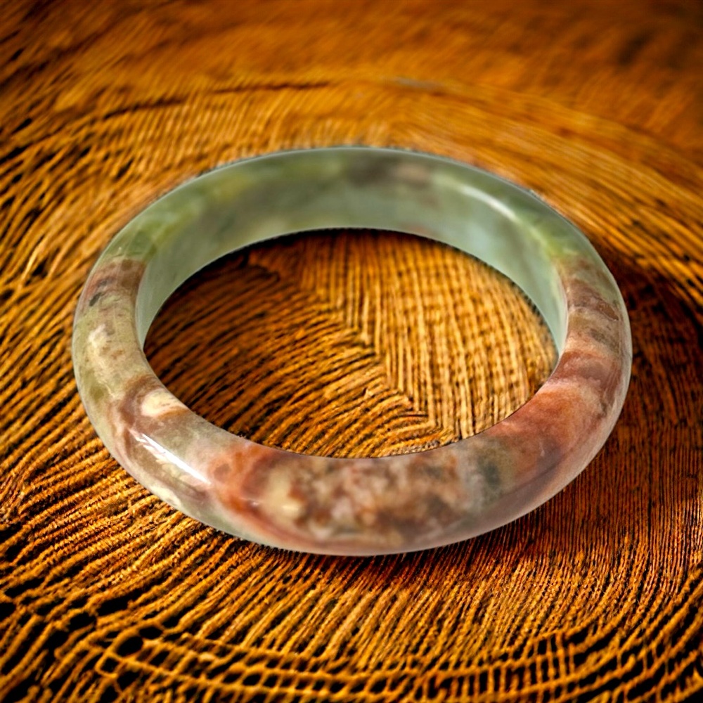 55.3mm Burmese Jadeite Bangle - Brown and Green (USA Size 6.5”)